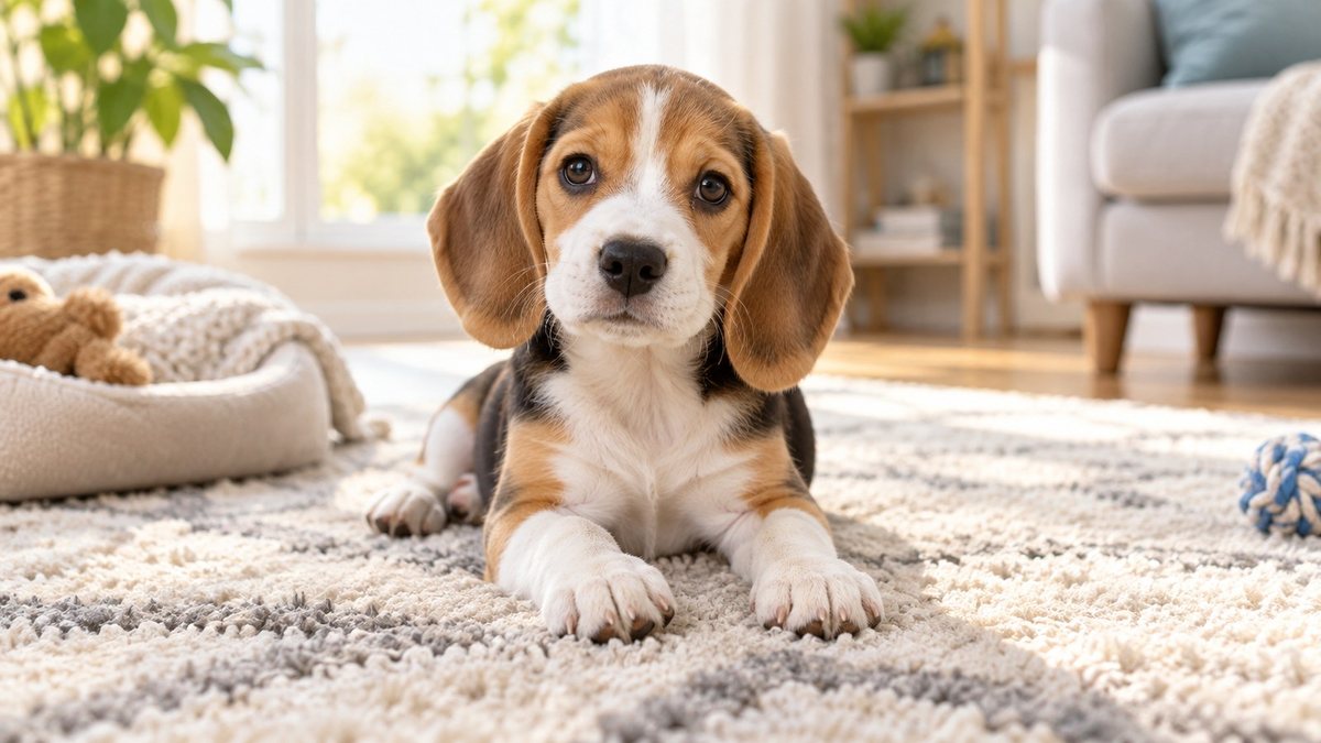 Beagle puppy on a cozy rug for the 2 month old puppy age guide