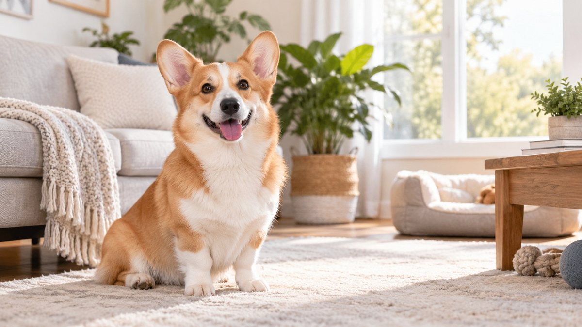 Happy Corgi in a cozy living room for the Corgi age in human years guide