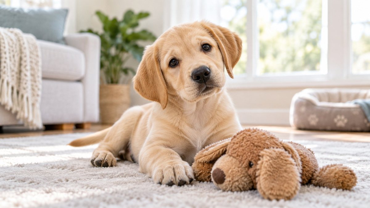 Labrador Retriever puppy with a plush toy for the Puppy Age Calculator