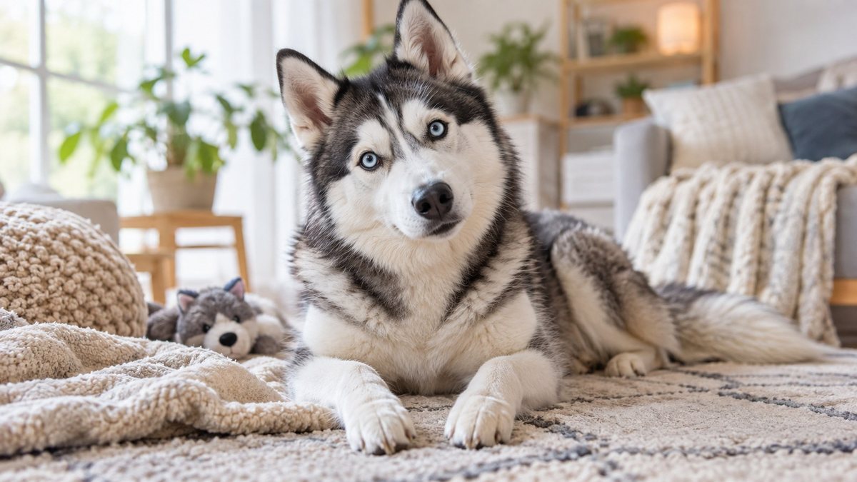 Siberian Husky in a cozy living room for the Siberian Husky age in human years guide