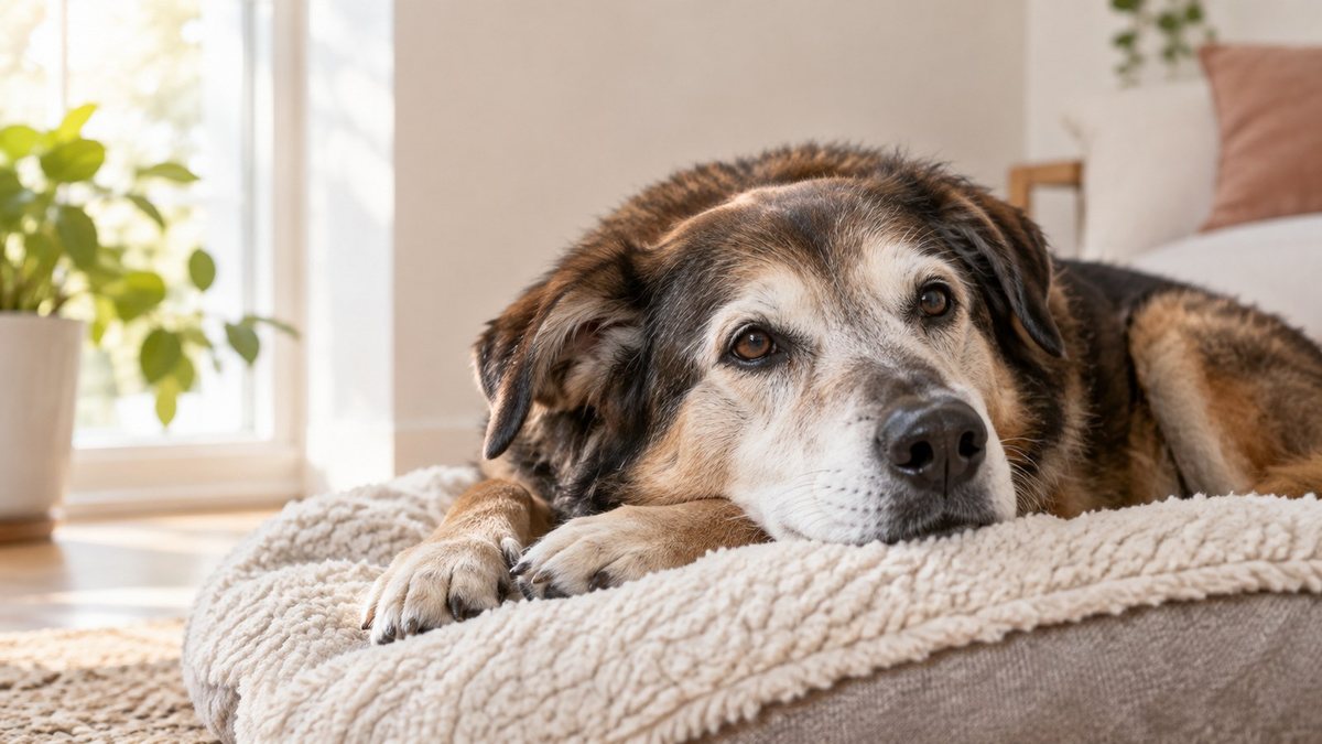 Senior dog resting comfortably for the When Is a Dog Considered Senior guide